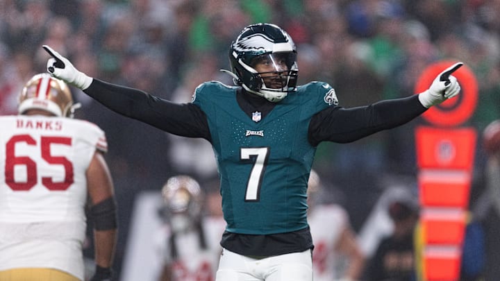 Dec 3, 2023; Philadelphia, Pennsylvania, USA; Philadelphia Eagles linebacker Haason Reddick (7) reacts after a defensive stop against the San Francisco 49ers during the first quarter at Lincoln Financial Field.