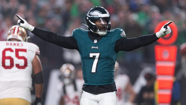 Dec 3, 2023; Philadelphia, Pennsylvania, USA; Philadelphia Eagles linebacker Haason Reddick (7) reacts after a defensive stop against the San Francisco 49ers during the first quarter at Lincoln Financial Field. 