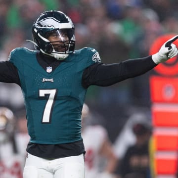 Dec 3, 2023; Philadelphia, Pennsylvania, USA; Philadelphia Eagles linebacker Haason Reddick (7) reacts after a defensive stop against the San Francisco 49ers during the first quarter at Lincoln Financial Field. Mandatory Credit: Bill Streicher-USA TODAY Sports