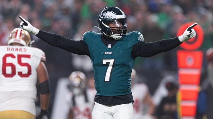 Dec 3, 2023; Philadelphia, Pennsylvania, USA; Philadelphia Eagles linebacker Haason Reddick (7) reacts after a defensive stop against the San Francisco 49ers during the first quarter at Lincoln Financial Field. Mandatory Credit: Bill Streicher-USA TODAY Sports