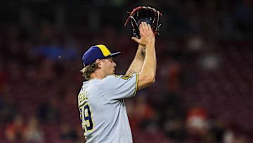Jun 2, 2025; Cincinnati, Ohio, USA; Milwaukee Brewers relief pitcher Trevor Megill (29) reacts after the victory over the Cincinnati Reds at Great American Ball Park. Mandatory Credit: Katie Stratman-Imagn Images
