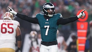 Dec 3, 2023; Philadelphia, Pennsylvania, USA; Philadelphia Eagles linebacker Haason Reddick (7) reacts after a defensive stop against the San Francisco 49ers during the first quarter at Lincoln Financial Field. 