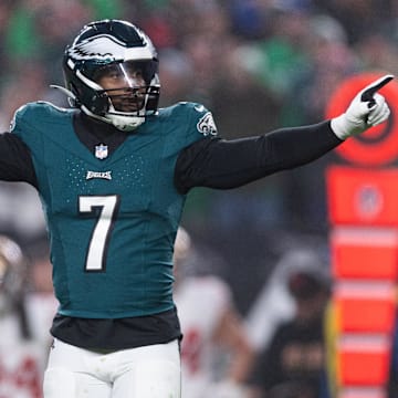 Dec 3, 2023; Philadelphia, Pennsylvania, USA; Philadelphia Eagles linebacker Haason Reddick (7) reacts after a defensive stop against the San Francisco 49ers during the first quarter at Lincoln Financial Field. 