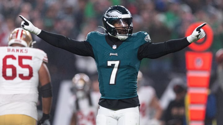 Dec 3, 2023; Philadelphia, Pennsylvania, USA; Philadelphia Eagles linebacker Haason Reddick (7) reacts after a defensive stop against the San Francisco 49ers during the first quarter at Lincoln Financial Field.