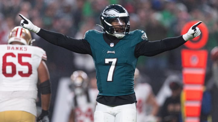 Dec 3, 2023; Philadelphia, Pennsylvania, USA; Philadelphia Eagles linebacker Haason Reddick (7) reacts after a defensive stop against the San Francisco 49ers during the first quarter at Lincoln Financial Field.