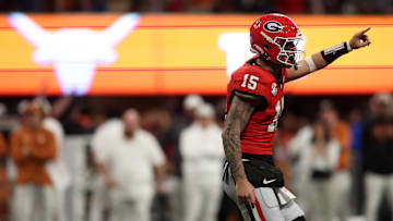Dec 7, 2024; Atlanta, GA, USA; Georgia Bulldogs quarterback Carson Beck (15) reacts during the second half in the 2024 SEC Championship game at Mercedes-Benz Stadium. Mandatory Credit: Brett Davis-Imagn Images