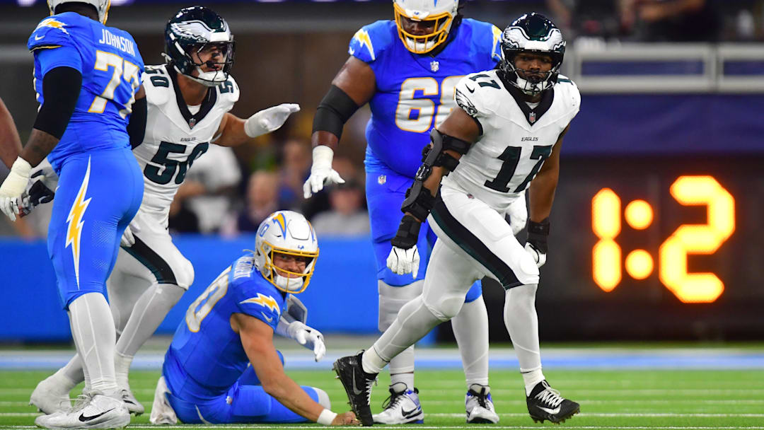 Dec 8, 2025; Inglewood, California, USA; Philadelphia Eagles linebacker Nakobe Dean (17) celebrates after sacking Los Angeles Chargers quarterback Justin Herbert (10) in the first half at SoFi Stadium. Mandatory Credit: Gary A. Vasquez-Imagn Images Dec 8, 2025; Inglewood, California, USA; Philadelphia Eagles linebacker Nakobe Dean (17) celebrates after sacking Los Angeles Chargers quarterback Justin Herbert (10) in the first half at SoFi Stadium. Mandatory Credit: Gary A. Vasquez-Imagn Images