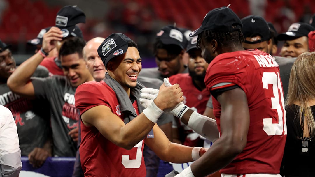 Dec 4, 2021; Atlanta, GA, USA; Alabama Crimson Tide quarterback Bryce Young (9) celebrates with linebacker Will Anderson Jr. (31) after their win during the SEC championship game.