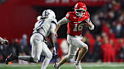 Rutgers Scarlet Knights quarterback Athan Kaliakmanis. Credit: Vincent Carchietta-Imagn Images