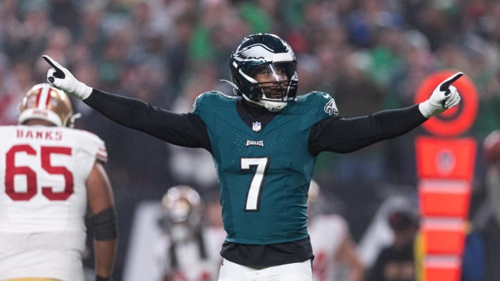 Dec 3, 2023; Philadelphia, Pennsylvania, USA; Philadelphia Eagles linebacker Haason Reddick (7) reacts after a defensive stop against the San Francisco 49ers during the first quarter at Lincoln Financial Field. Mandatory Credit: Bill Streicher-USA TODAY Sports