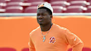 Tampa Bay Buccaneers running back Bucky Irving (7) prepares to warm up before the start of the game against the Atlanta Falcons