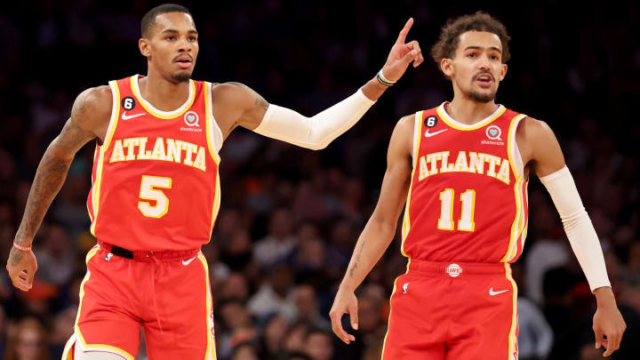 Nov 2, 2022; New York, New York, USA; Atlanta Hawks guard Dejounte Murray (5) and guard Trae Young (11) react during the second quarter against the New York Knicks at Madison Square Garden. Mandatory Credit: Brad Penner-USA TODAY Sports