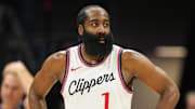 Apr 11, 2025; Sacramento, California, USA; Los Angeles Clippers guard James Harden (1) during the third quarter against the Sacramento Kings at Golden 1 Center. Mandatory Credit: Darren Yamashita-Imagn Images