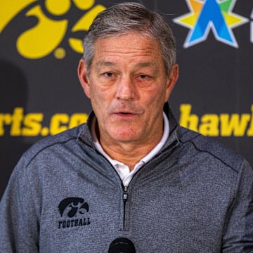 Iowa head coach Kirk Ferentz speaks with reporters during a press conference on Wednesday, Dec. 19, 2018, at the Hansen Football Performance Center in Iowa City.