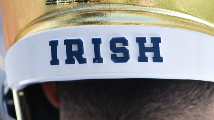 Apr 23, 2022; Notre Dame, Indiana, USA; A detail of the Notre Dame Fighting Irish helmet during warmups of the Blue-Gold Game at Notre Dame Stadium.
