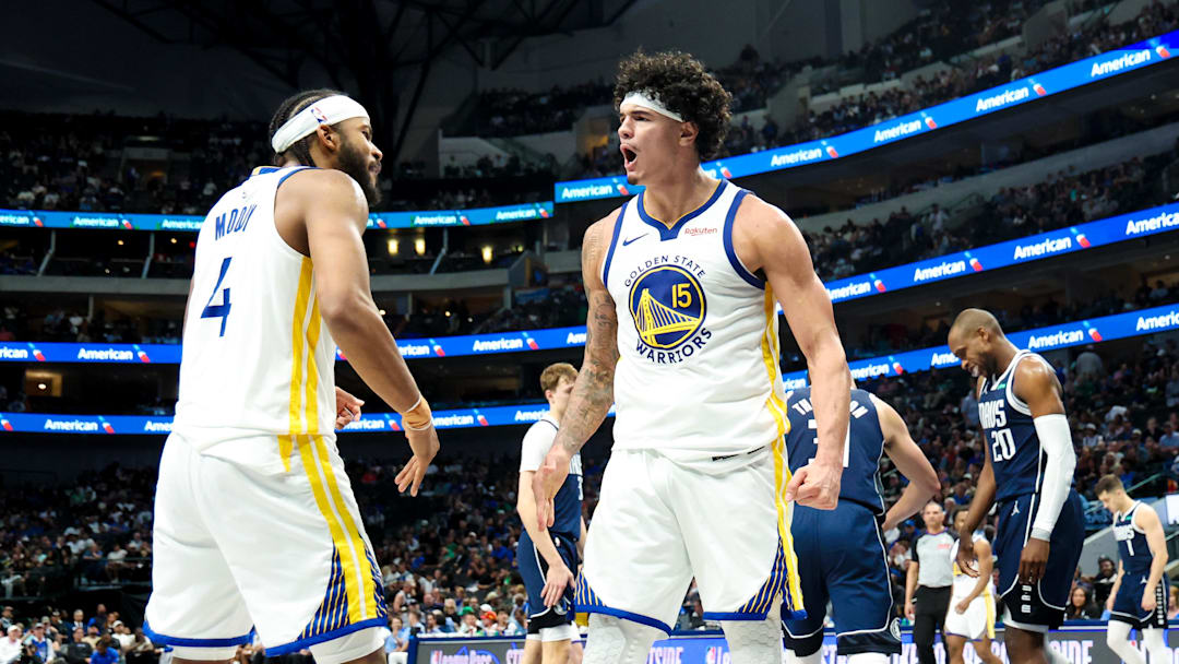 Mar 23, 2026; Dallas, Texas, USA;  Golden State Warriors forward Gui Santos (15) celebrates with Golden State Warriors guard Moses Moody (4) during the second half against the Dallas Mavericks at American Airlines Center. Mandatory Credit: Kevin Jairaj-Imagn Images