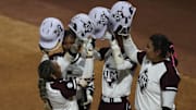 May 8, 2025; Athens, GA, USA; Texas A&M infielder Kennedy Powell (1) reacts to her two-run homer with teammates during a game against South Carolina at Jack Turner Stadium. Mandatory Credit: Mady Mertens-Imagn Images