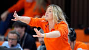Oklahoma State coach Jacie Hoyt gestures during a women's college basketball game between the Oklahoma State Cowgirls (OSU) and the Arizona State Sun Devils at Gallagher-Iba Arena in Stillwater, Okla., Wednesday, Jan. 29, 2025.