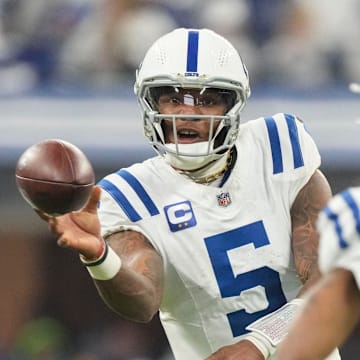 Indianapolis Colts quarterback Anthony Richardson (5) passes to Indianapolis Colts wide receiver Josh Downs (1) on Sunday, Dec. 22, 2024, during a game against the Tennessee Titans at Lucas Oil Stadium in Indianapolis. The pass fell incomplete.
