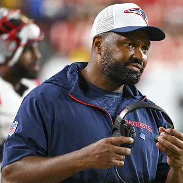 Aug 25, 2024; Landover, Maryland, USA;  New England Patriots head coach Jerod Mayo during the second  half against the Washington Commanders at Commanders Field. Mandatory Credit: Tommy Gilligan-Imagn Images