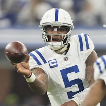 Dec 22, 2024; Indianapolis, Indiana, USA; Indianapolis Colts quarterback Anthony Richardson (5) passes to Indianapolis Colts wide receiver Josh Downs (1) during a game against the Tennessee Titans at Lucas Oil Stadium at Lucas Oil Stadium. Mandatory Credit: Grace Hollars/USA Today Network via Imagn Images 
