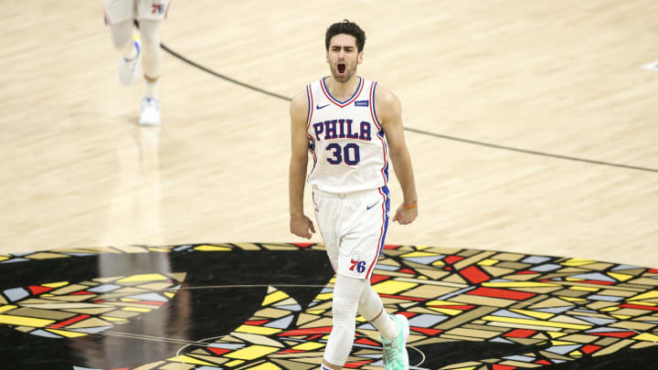 Jun 14, 2021; Atlanta, Georgia, USA; Philadelphia 76ers guard Furkan Korkmaz (30) shows emotion after a three pointer against the Atlanta Hawks in the fourth quarter during game four in the second round of the 2021 NBA Playoffs at State Farm Arena. Mandatory Credit: Brett Davis-USA TODAY Sports