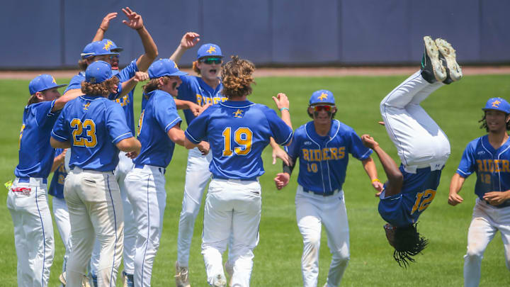 Caesar Rodney's Jaidrian Sanchez flips as the Riders celebrate a 1-0 win over Sussex Tech in the 2024 state semifinals.