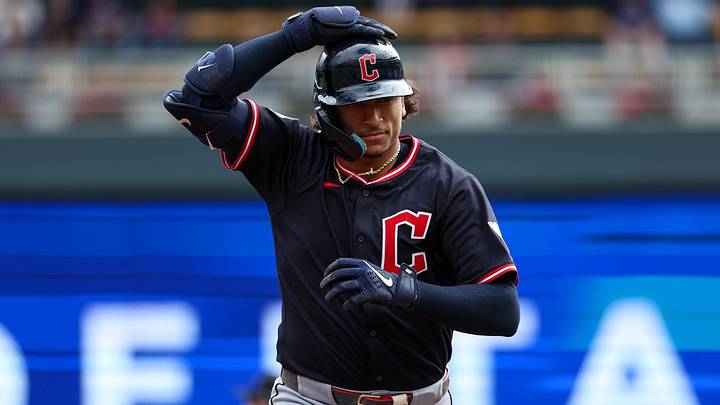 Sep 20, 2025: Cleveland Guardians catcher Bo Naylor (23) runs the bases after hitting a solo home run against the Minnesota Twins during the second inning of game one of a double header at Target Field. 