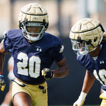 Notre Dame cornerbacks Benjamin Morrison (20) and Chance Tucker (18) participate in a drill during a Notre Dame football practice at Irish Athletic Center on Wednesday, July 31, 2024, in South Bend.