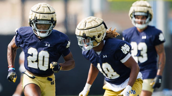 Notre Dame cornerbacks Benjamin Morrison (20) and Chance Tucker (18) participate in a drill during a Notre Dame football practice at Irish Athletic Center on Wednesday, July 31, 2024, in South Bend.