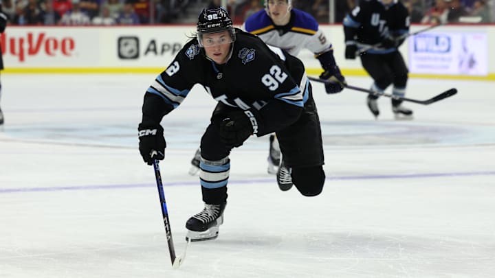 Utah Hockey Club vs. St. Louis Blues, Logan Cooley. Mandatory Credit: Reese Strickland-Imagn Images
