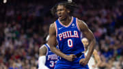 Nov 15, 2023; Philadelphia, Pennsylvania, USA; Philadelphia 76ers guard Tyrese Maxey (0) reacts after his score and one against the Boston Celtics during the third quarter at Wells Fargo Center. Mandatory Credit: Bill Streicher-USA TODAY Sports