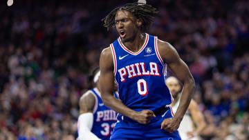 Nov 15, 2023; Philadelphia, Pennsylvania, USA; Philadelphia 76ers guard Tyrese Maxey (0) reacts after his score and one against the Boston Celtics during the third quarter at Wells Fargo Center. Mandatory Credit: Bill Streicher-USA TODAY Sports
