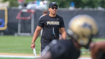 Purdue Boilermakers coach Ryan Walters watches during practice