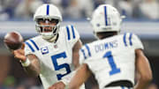 Indianapolis Colts quarterback Anthony Richardson (5) passes to Indianapolis Colts wide receiver Josh Downs (1) on Sunday, Dec. 22, 2024, during a game against the Tennessee Titans at Lucas Oil Stadium in Indianapolis. The pass fell incomplete.