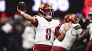 Sep 28, 2025; Atlanta, Georgia, USA; Washington Commanders quarterback Marcus Mariota (8) throws during the second half against the Atlanta Falcons at Mercedes-Benz Stadium. Mandatory Credit: Brett Davis-Imagn Images