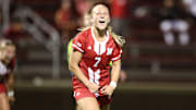 Nebraska midfielder Reagan Raabe celebrates her game-winning goal against Weber State.