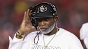 Sep 12, 2025; Houston, Texas, USA; Colorado Buffaloes head coach Deion Sanders reacts during the second quarter against the Houston Cougars at TDECU Stadium.