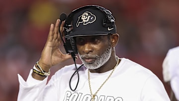 Sep 12, 2025; Houston, Texas, USA; Colorado Buffaloes head coach Deion Sanders reacts during the second quarter against the Houston Cougars at TDECU Stadium.
