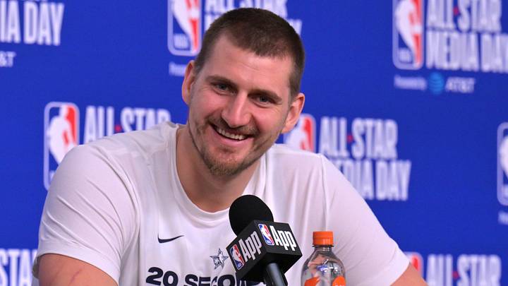 Feb 14, 2026; Los Angeles, CA, USA; Team World center Nikola Jokic (15) of the Denver Nuggets during a news conference for the NBA All Star game at Intuit Dome. Mandatory Credit: Jayne Kamin-Oncea-Imagn Images