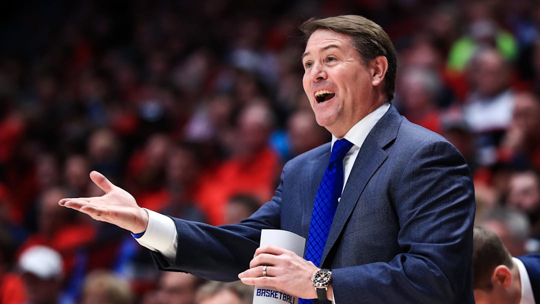 Feb 8, 2020; Dayton, Ohio, USA; Saint Louis Billikens head coach Travis Ford reacts from the bench in the game against the Dayton Flyers in the first half at University of Dayton Arena. Mandatory Credit: Aaron Doster-Imagn Images