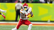 Feb 9, 2025; New Orleans, LA, USA;  Kansas City Chiefs running back Isiah Pacheco (10) against the Philadelphia Eagles in Super Bowl LIX at Ceasars Superdome. Mandatory Credit: Mark J. Rebilas-Imagn Images