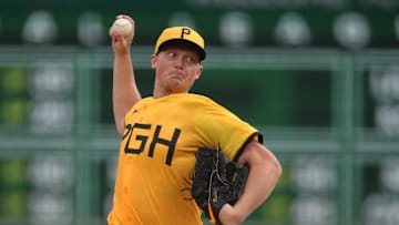 Jun 27, 2025; Pittsburgh, Pennsylvania, USA;  Pittsburgh Pirates starting pitcher Mitch Keller (23) delivers a pitch against the New York Mets during the first inning at PNC Park. Mandatory Credit: Charles LeClaire-Imagn Images