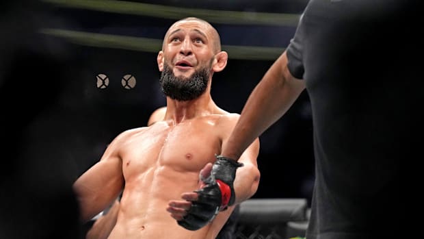 Khamzat Chimaev fights Kevin Holland during UFC 279 at T-Mobile Arena. 