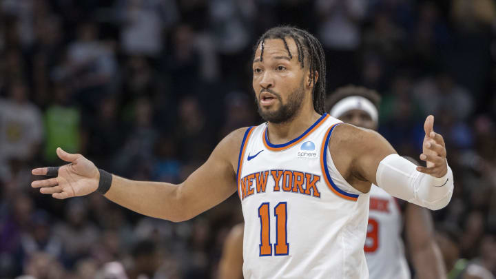 Nov 20, 2023; Minneapolis, Minnesota, USA; New York Knicks guard Jalen Brunson (11) looks towards the bench after a call on the floor against the Minnesota Timberwolves in the second half at Target Center. Mandatory Credit: Jesse Johnson-USA TODAY Sports