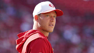 Aug 9, 2025; Santa Clara, California, USA;  San Francisco 49ers running back Christian McCaffrey (23) warms up before the game against the Denver Broncos at Levi's Stadium. Mandatory Credit: David Gonzales-Imagn Images