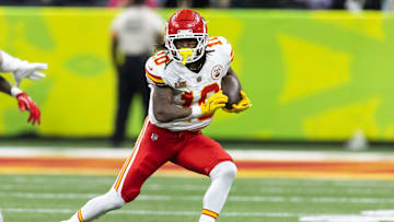 Feb 9, 2025; New Orleans, LA, USA;  Kansas City Chiefs running back Isiah Pacheco (10) against the Philadelphia Eagles in Super Bowl LIX at Ceasars Superdome. Mandatory Credit: Mark J. Rebilas-Imagn Images