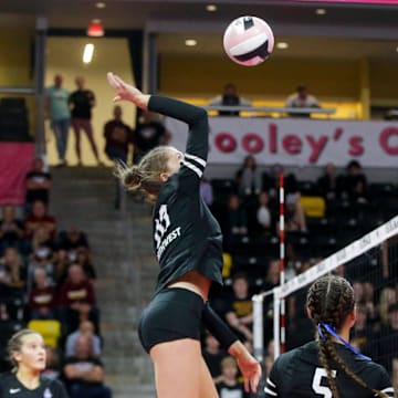 Waukee Northwest's Avery Cordes (10) attacks Ankeny during an IGHSAU state volleyball quarterfinals match Monday, Nov. 4, 2024 at Xtream Arena in Coralville, Iowa.