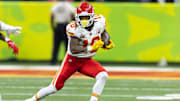 Feb 9, 2025; New Orleans, LA, USA;  Kansas City Chiefs running back Isiah Pacheco (10) against the Philadelphia Eagles in Super Bowl LIX at Ceasars Superdome. Mandatory Credit: Mark J. Rebilas-Imagn Images