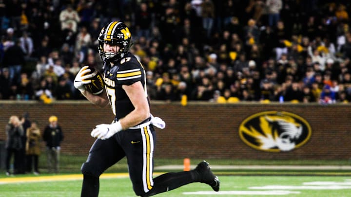 Missouri tight end Brett Norfleet runs after a catch during a college football game at Memorial Stadium on Nov. 18, 2023, in Columbia, Mo.